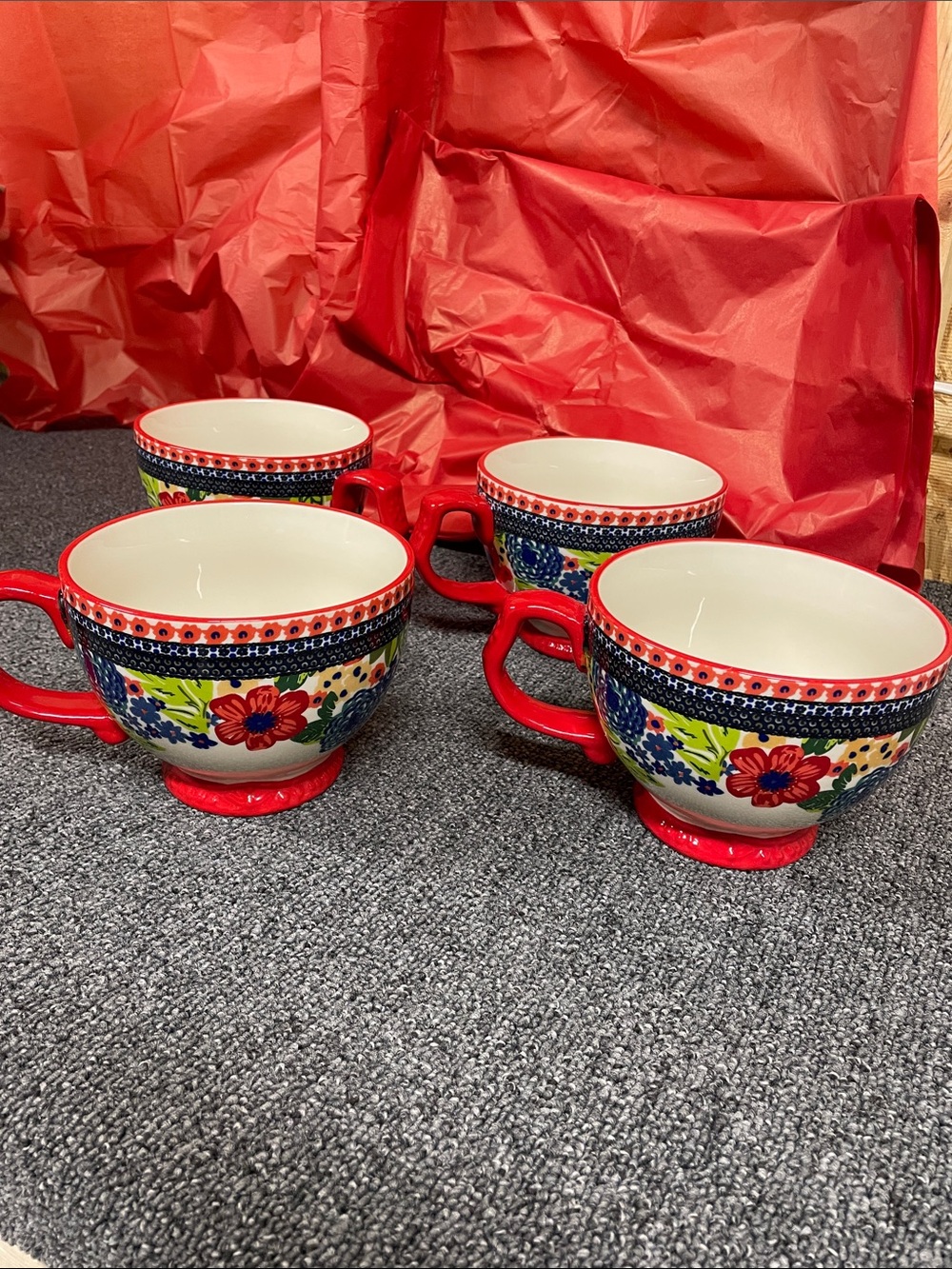 The Pioneer Woman Vibrant Floral Stoneware Jumbo Soup Mugs w/ Handles. Set of 4.